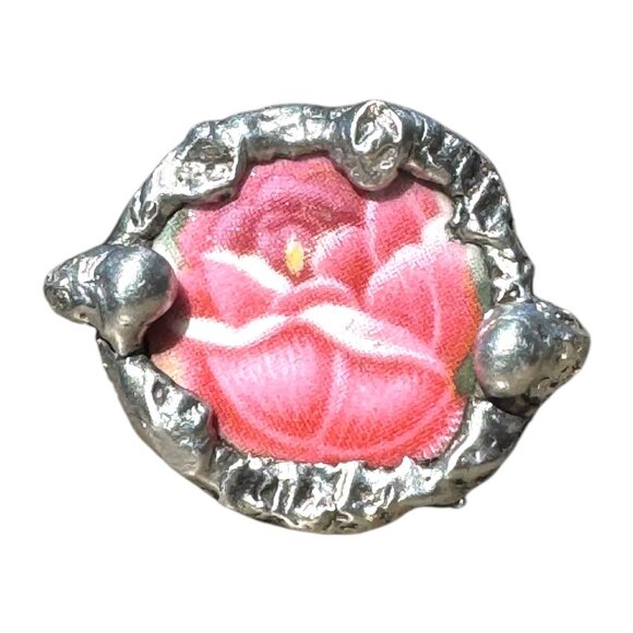 Vintage Broken China Ring with Brutalist Silver Blend Metalwork Size 9 - Picture 8 of 13